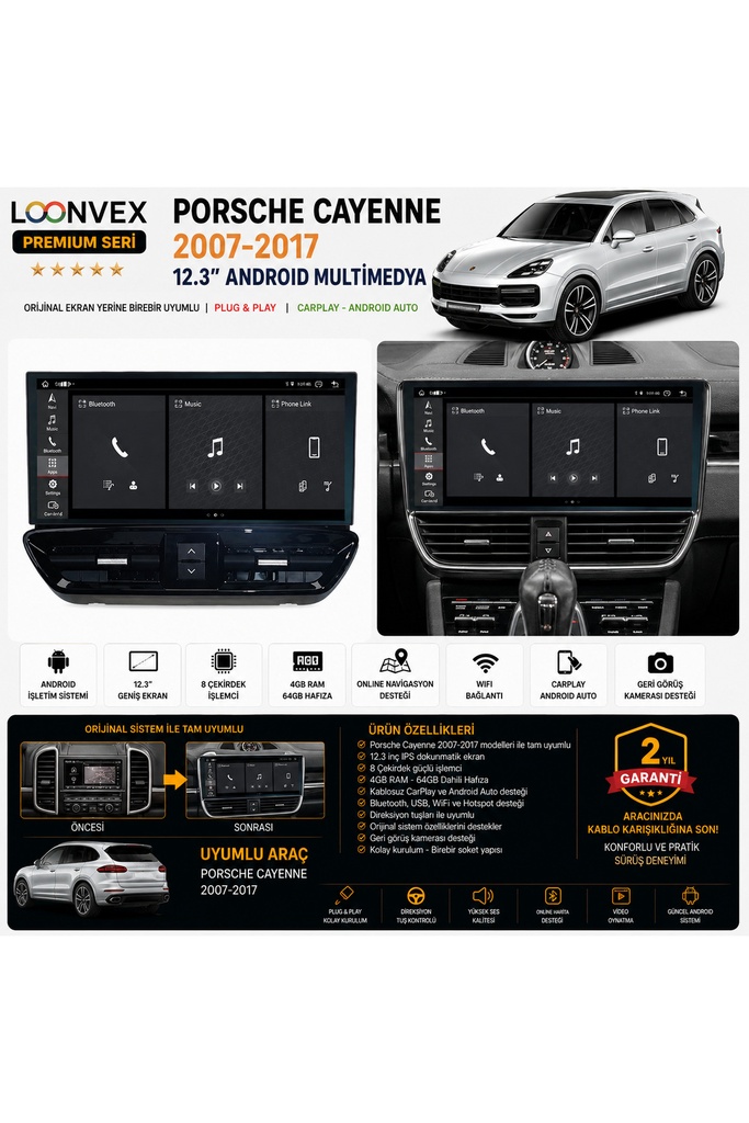 LOONVEX Premium Porsche Cayenne 12.3" Android Multimedya Ekran