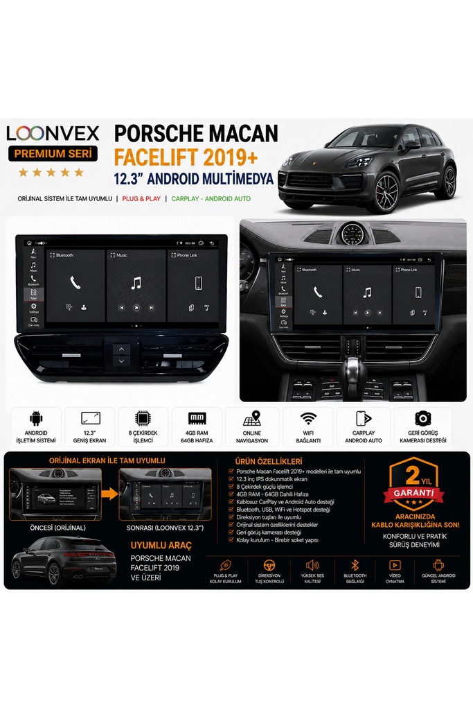 LOONVEX Premium Porsche Macan Facelift 2019+ 12.3" Android Multimedya Ekran