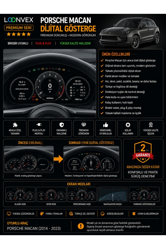 LOONVEX Premium Porsche Macan 2014-2023 Dijital Gösterge – Araca Özel