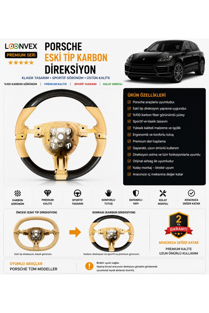 LOONVEX Premium Porsche Eski Tip Karbon Direksiyon – Araca Özel