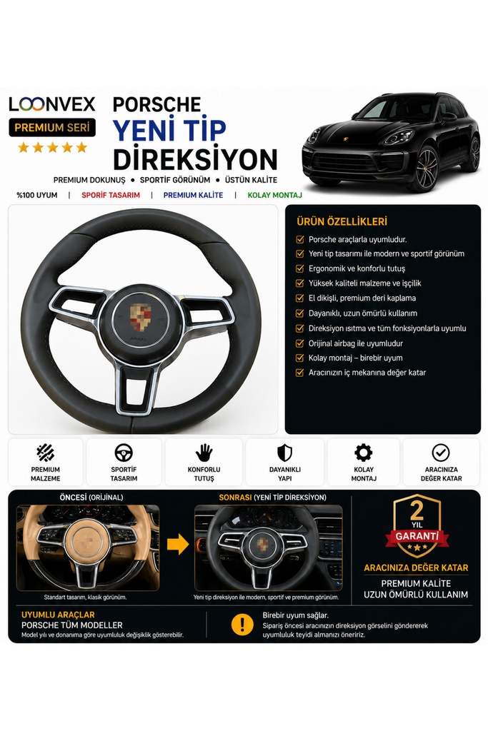 LOONVEX Premium Porsche Yeni Tip Direksiyon – Araca Özel