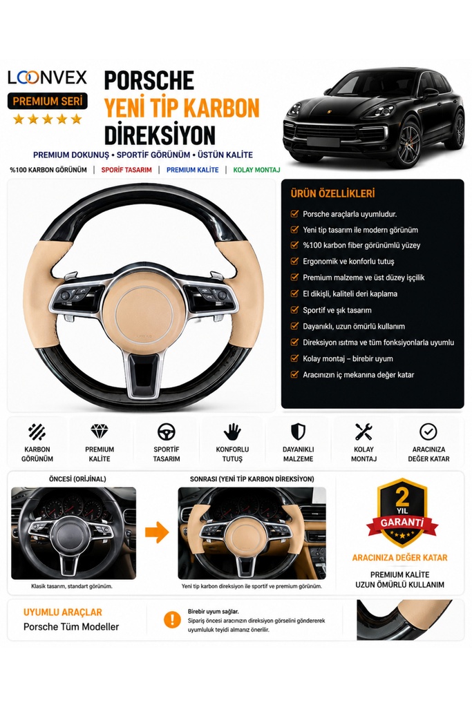 LOONVEX Premium Porsche Yeni Tip Karbon Direksiyon – Araca Özel