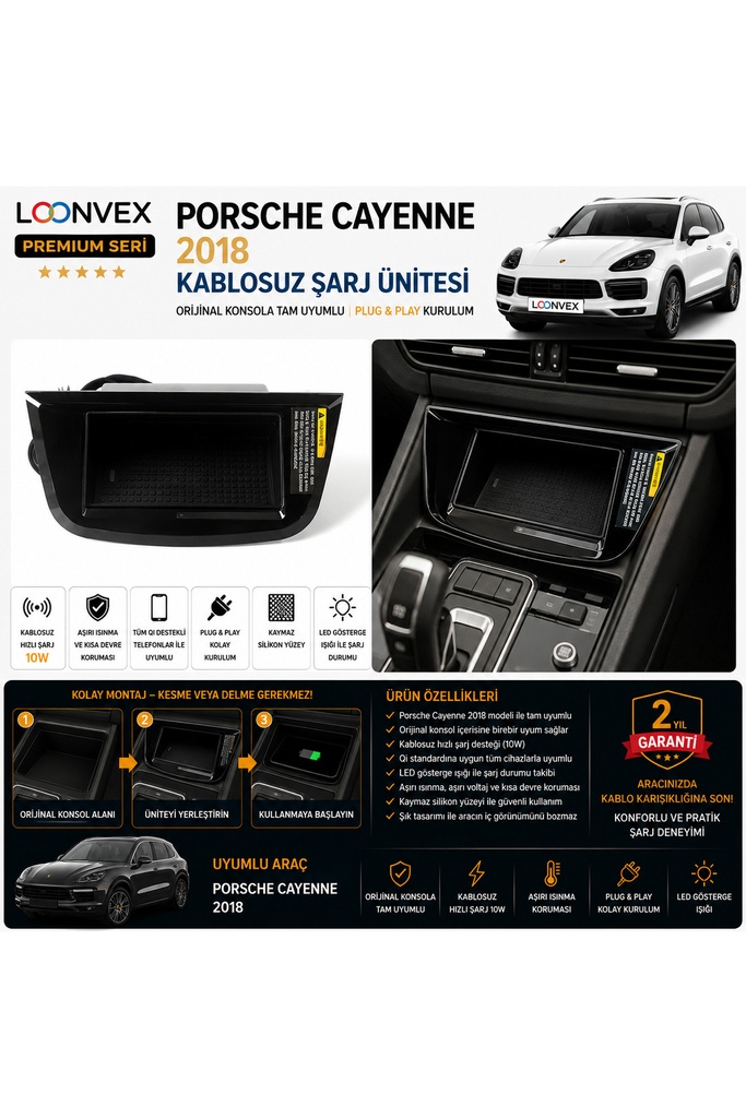 LOONVEX Premium Porsche Cayenne 2018 Kablosuz Şarj Ünitesi – Araca Özel