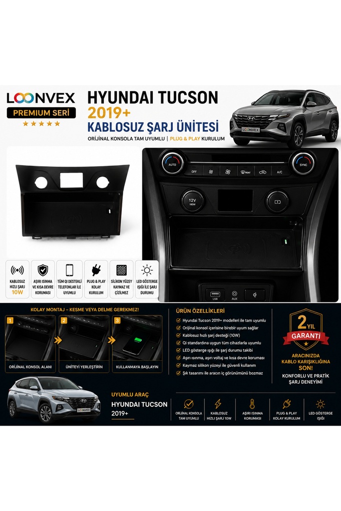 LOONVEX Premium Hyundai Tucson 2019+ Kablosuz Şarj Ünitesi – Araca Özel