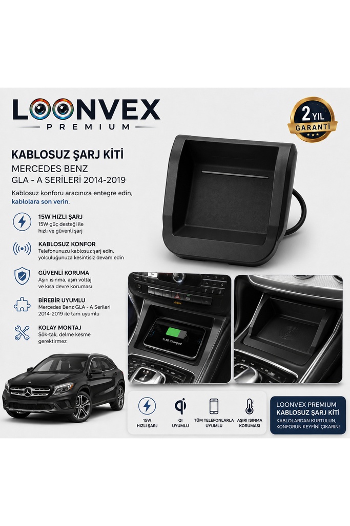 LOONVEX Premium Mercedes-Benz GLA & A Serisi 2014-2019 Kablosuz Şarj Kiti