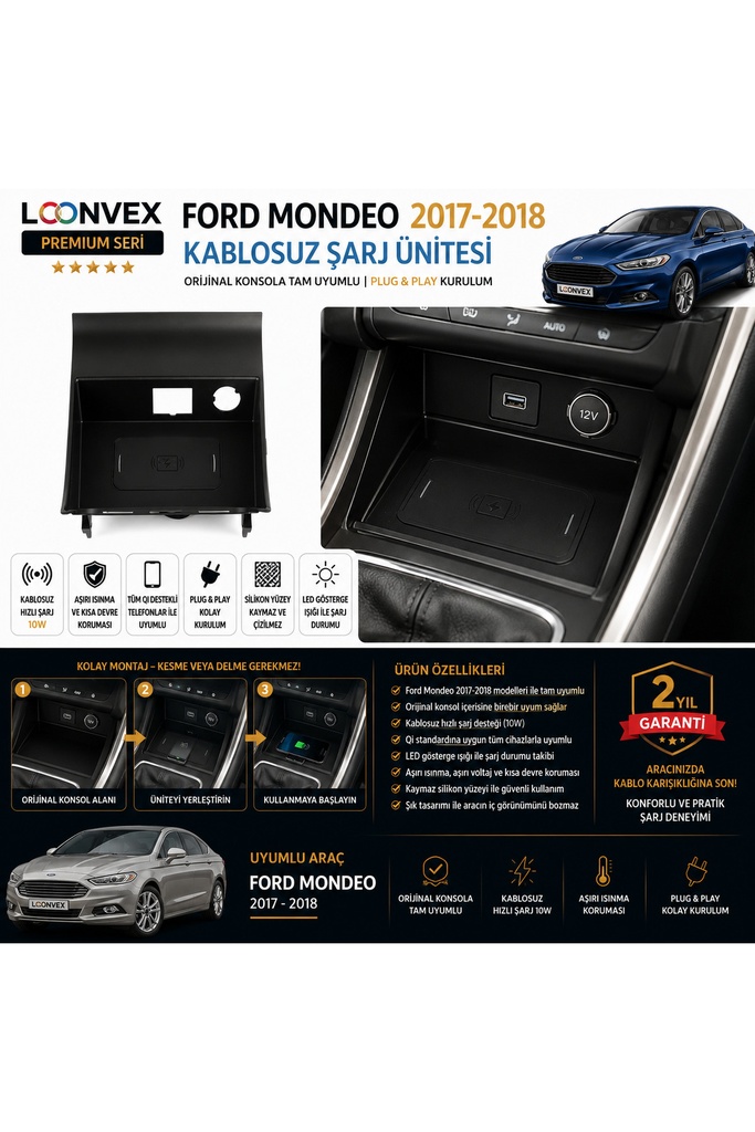 LOONVEX Premium Ford Mondeo 2017-2018 Kablosuz Şarj Ünitesi – Araca Özel