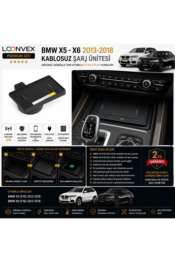 LOONVEX Premium BMW X5 F15 – X6 F16 2013-2018 Kablosuz Şarj Ünitesi