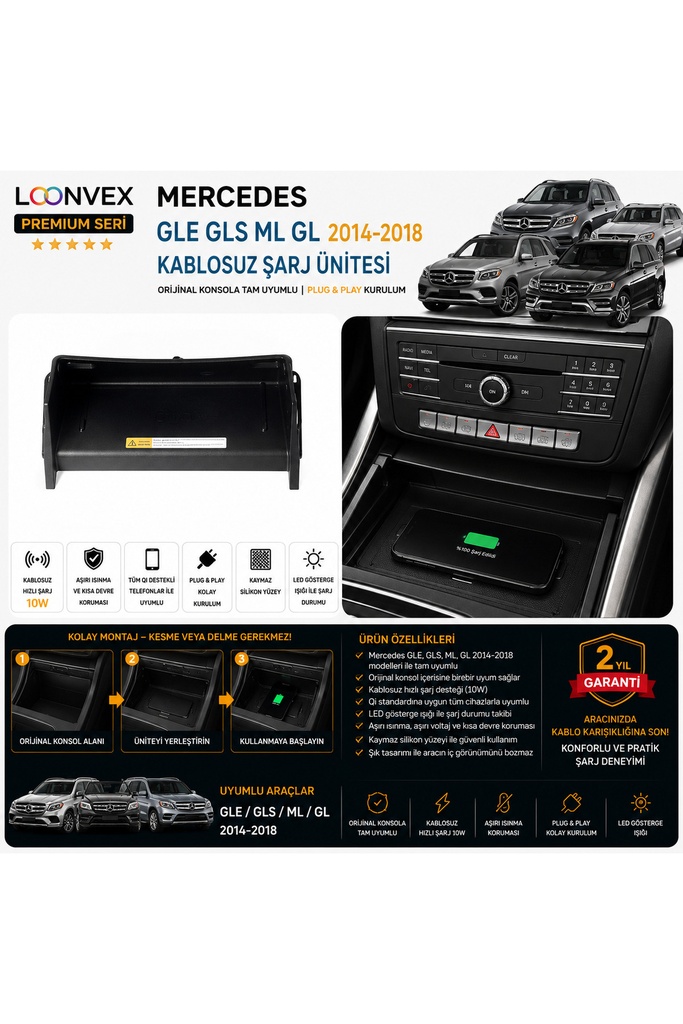 LOONVEX Premium Mercedes GLE – GLS – ML – GL 2014-2018 Kablosuz Şarj Ünitesi