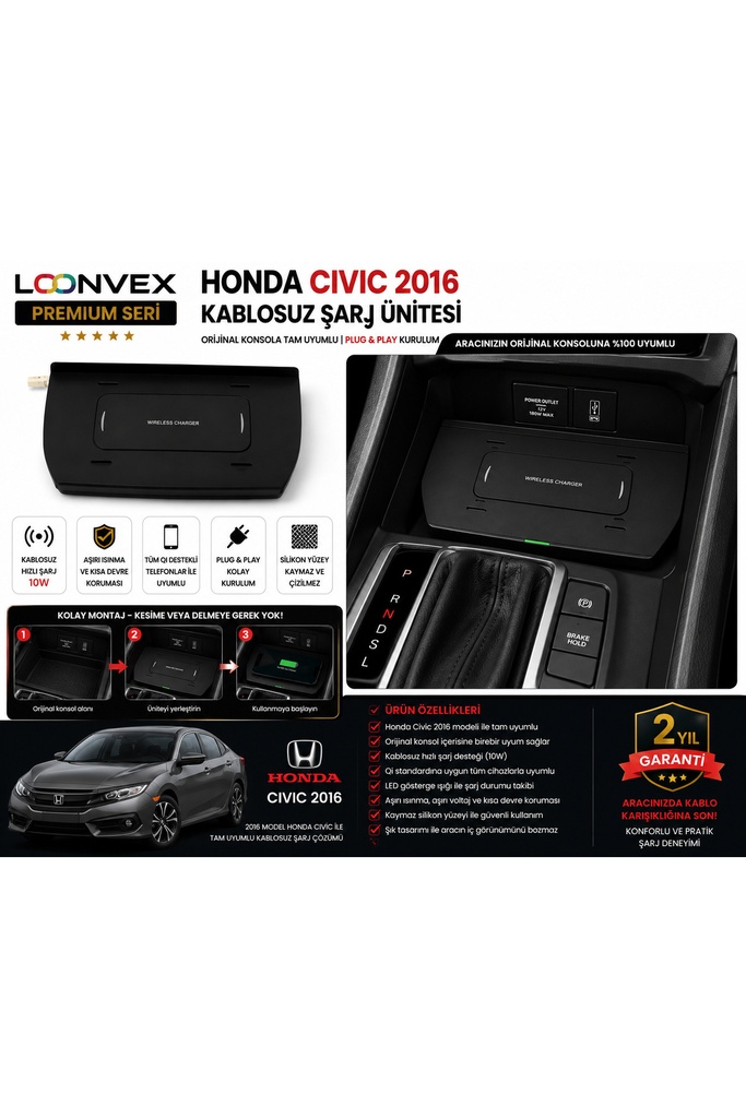 LOONVEX Premium Honda Civic 2016 Kablosuz Şarj Ünitesi – Araca Özel Konsol Tipi