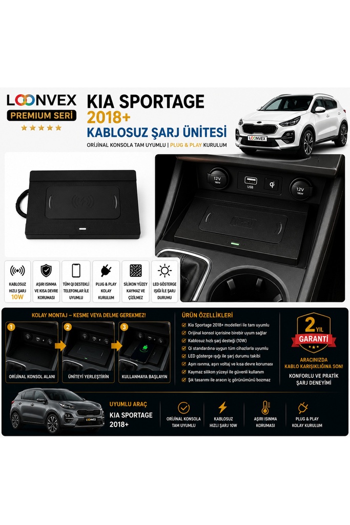 LOONVEX Premium Kia Sportage 2018+ Kablosuz Şarj Ünitesi – Araca Özel