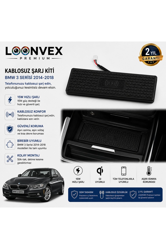 LOONVEX Premium BMW 3 Serisi 2014-2018 Kablosuz Şarj Kiti