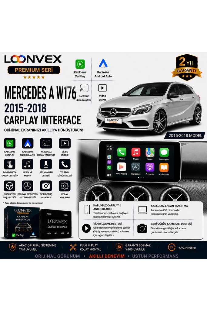 LOONVEX Premium Mercedes A Serisi W176 2015-2018 CarPlay Interface – Kablosuz CarPlay & Android Auto
