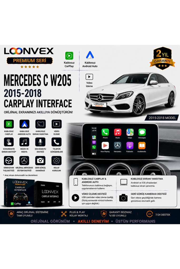 LOONVEX Premium Mercedes C Serisi W205 2015-2018 CarPlay Interface – Kablosuz CarPlay & Android Auto
