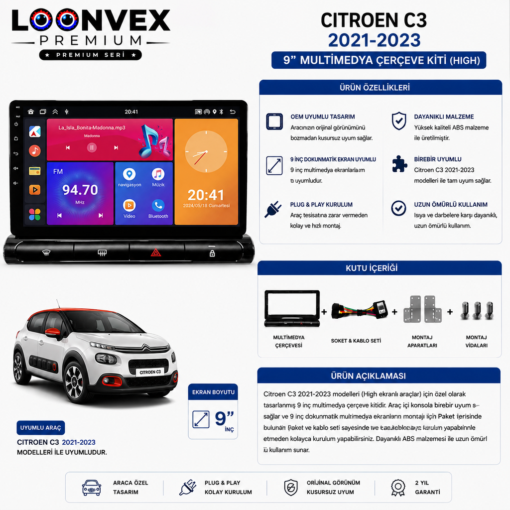 Loonvex Citroen C3 2021-2023 High 9 İnç Multimedya Çerçeve + Soket Seti OEM Uyumlu