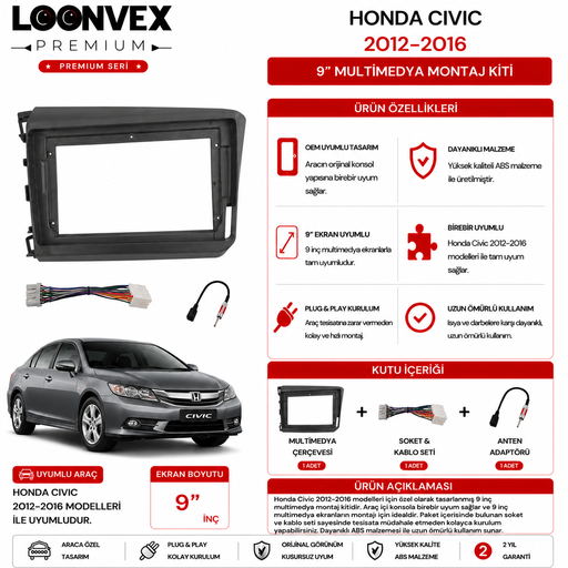 LOONVEX PREMIUM – HONDA CIVIC 2012-2016 9" MULTİMEDYA ÇERÇEVE + SOKET KİTİ