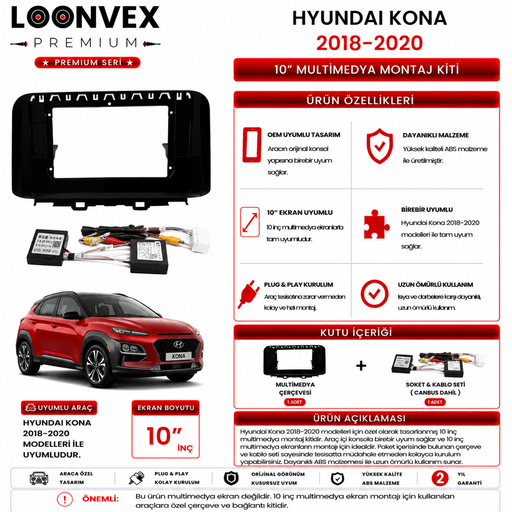 LOONVEX PREMIUM – HYUNDAI KONA 2018-2020 10" MULTİMEDYA ÇERÇEVE + SOKET KİTİ