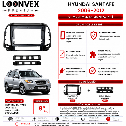 LOONVEX PREMIUM – HYUNDAI SANTA FE 2006-2012 9" MULTİMEDYA ÇERÇEVE + SOKET KİTİ