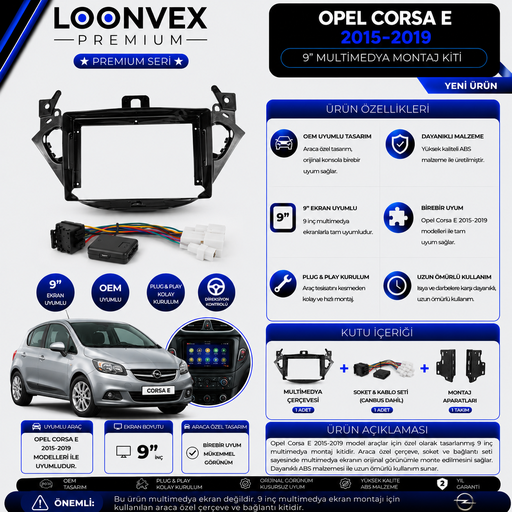 LOONVEX Premium Opel Corsa E 2015-2019 9 İnç Multimedya Çerçeve ve Soket Montaj Kiti
