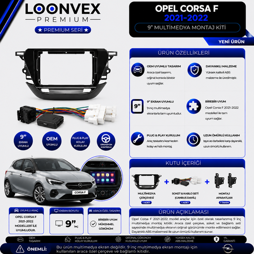 LOONVEX Premium Opel Corsa F 2021-2022 9 İnç Multimedya Çerçeve + Soket + CANBUS Montaj Kiti