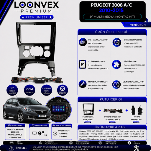 LOONVEX Premium Peugeot 3008 A/C 2010-2015 9 İnç Multimedya Çerçeve + Soket + CANBUS Montaj Kiti