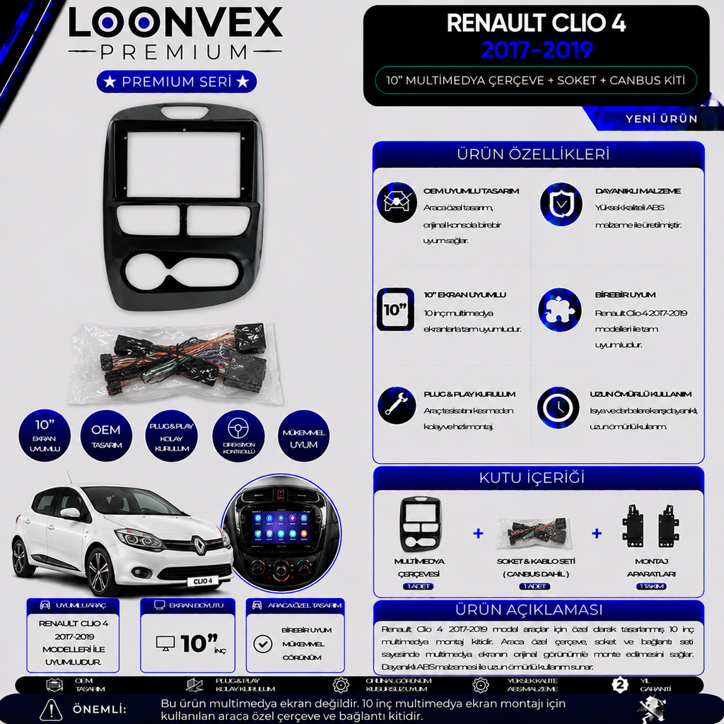 LOONVEX Premium Renault Clio 4 2017-2019 10 İnç Multimedya Çerçeve + Soket + CANBUS Montaj Kiti