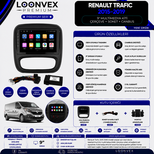 LOONVEX Premium Renault Trafic 2015-2019 9 İnç Multimedya Çerçeve + Soket + CANBUS Montaj Kiti