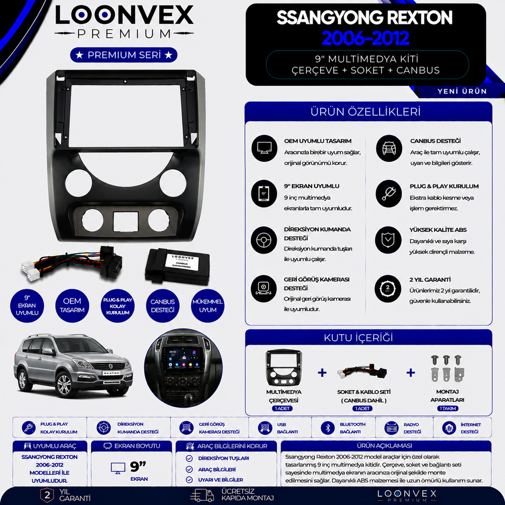 LOONVEX Premium SsangYong Rexton 2006-2012 9 İnç Multimedya Çerçeve + Soket + CANBUS Montaj Kiti