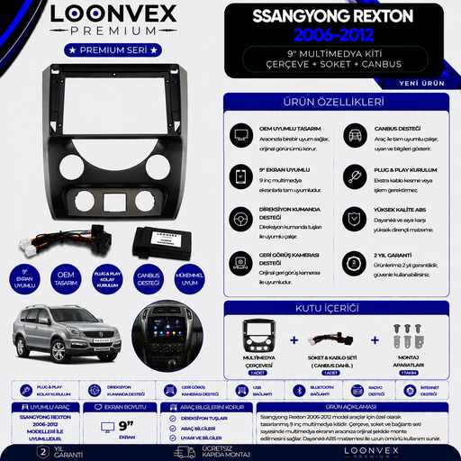 LOONVEX Premium SsangYong Rexton 2006-2012 9 İnç Multimedya Çerçeve + Soket + CANBUS Montaj Kiti
