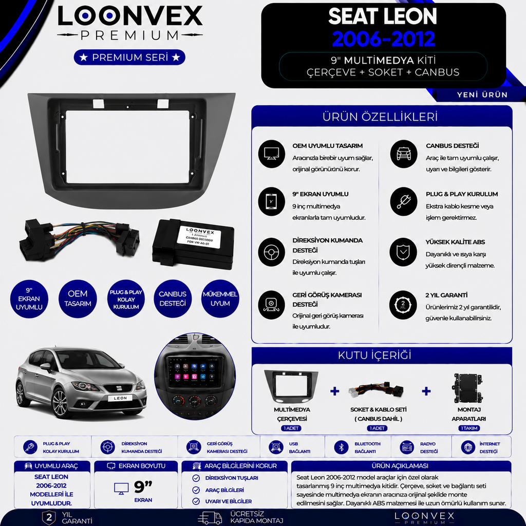 LOONVEX Premium SEAT Leon 2006-2012 9 İnç Multimedya Çerçeve + Soket + CANBUS Montaj Kiti