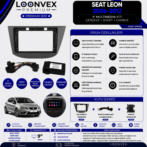 LOONVEX Premium SEAT Leon 2006-2012 9 İnç Multimedya Çerçeve + Soket + CANBUS Montaj Kiti