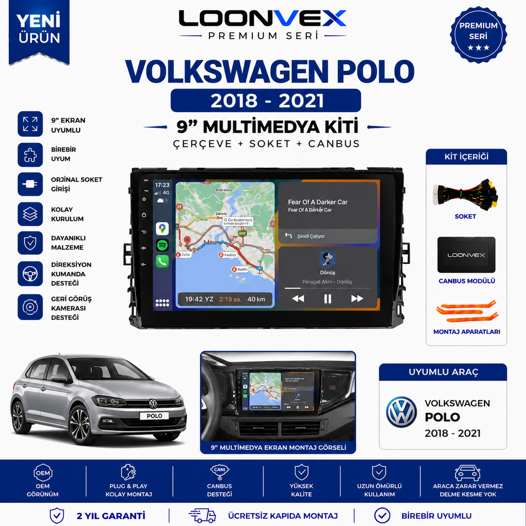 LOONVEX VW Polo 2018-2021 9" Multimedya Çerçeve + Soket + CANBUS Kiti