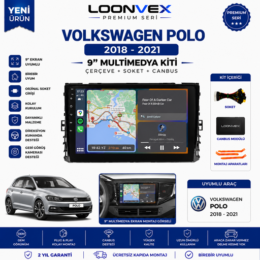 LOONVEX VW Polo 2018-2021 9" Multimedya Çerçeve + Soket + CANBUS Kiti