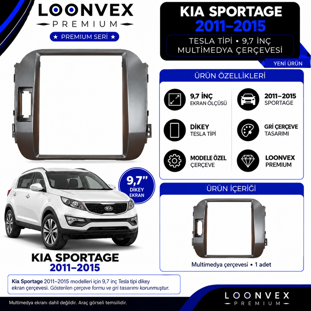 LOONVEX Premium KİA SPORTAGE TESLA 9.7" 2011 / 2015 ÇANTA Multimedya Çerçevesi