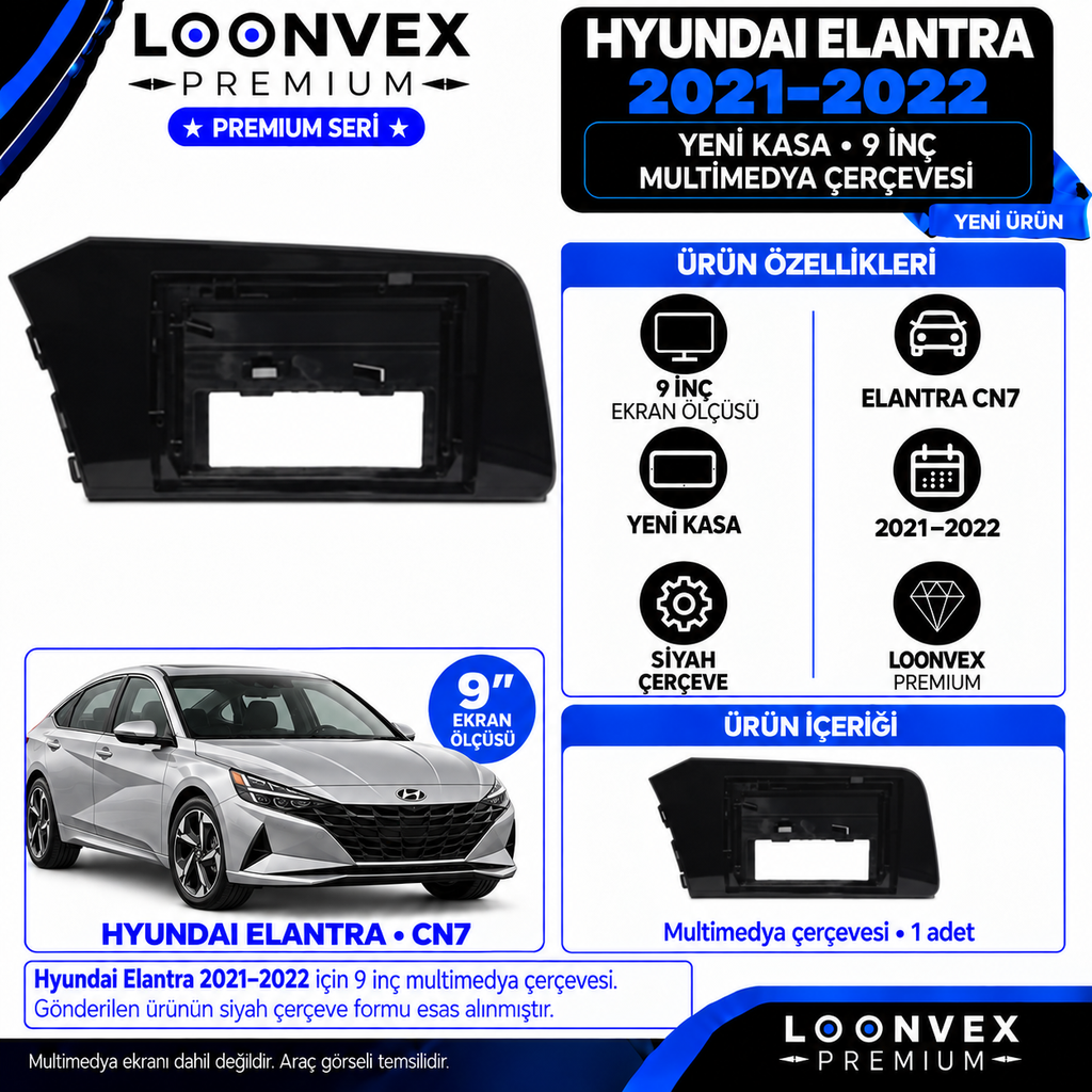 LOONVEX Premium HYUNDAİ ELANTRA 9''İNÇ 2021/2022 EN YENİ MODEL Multimedya Çerçevesi