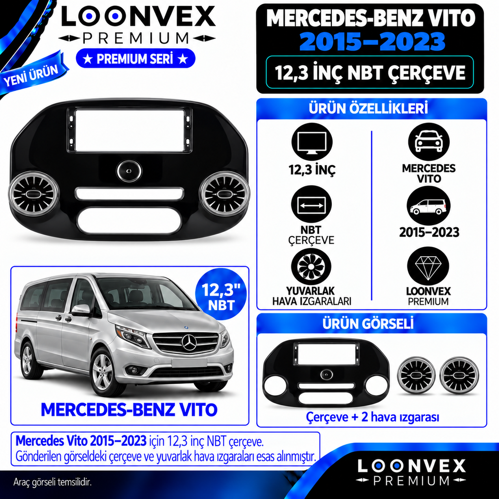 LOONVEX Premium MERCEDES VİTO 2015-2023 12.3 İNCH NBT ÇERÇEVE Multimedya Çerçevesi