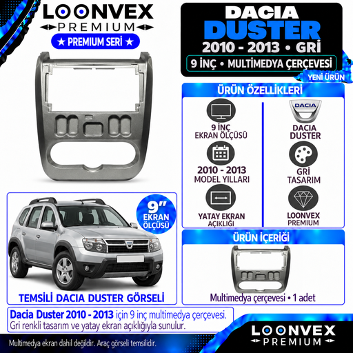 LOONVEX Premium DACİA DUSTER (2010/2013) 9"İNÇ GRİ (Gri) Multimedya Çerçevesi