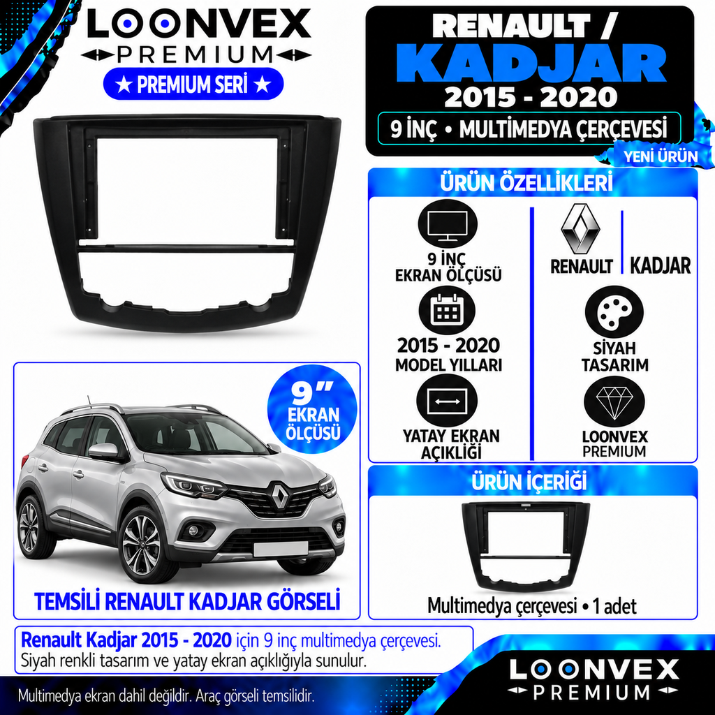 LOONVEX Premium RENAULT KADJAR 9''İNÇ 2015/2020 Multimedya Çerçevesi