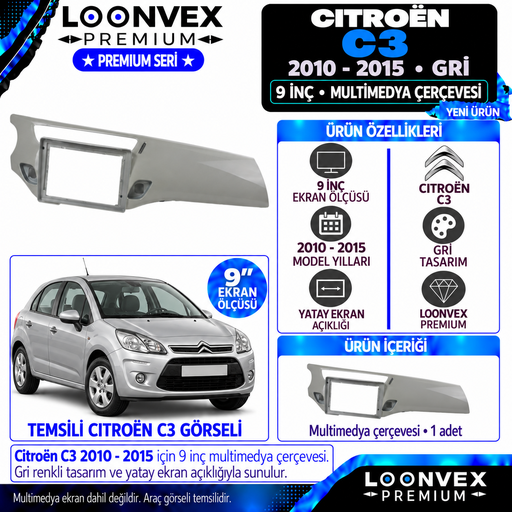 LOONVEX Premium CİTROEN C3 9" 2010-2015 (Beyaz) Multimedya Çerçevesi