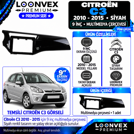 LOONVEX Premium CİTROEN C3 9" 2010-2015 (Siyah) Multimedya Çerçevesi