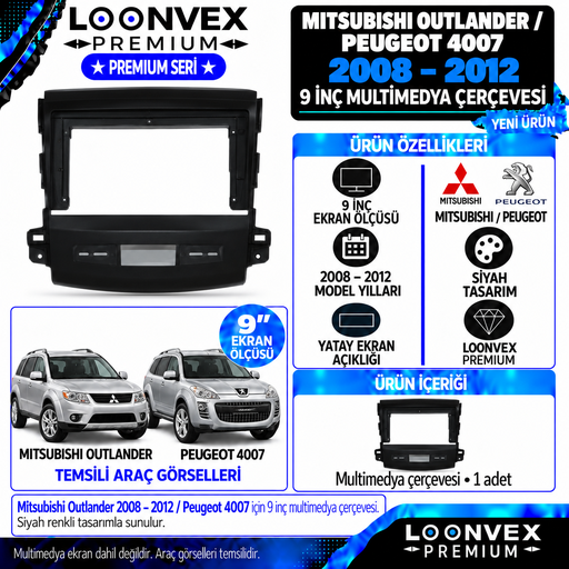 LOONVEX Premium MİTSUBİSHİ OUTLANDER 2008-2012/ PEUGEOT 4007 9 İNC Multimedya Çerçevesi
