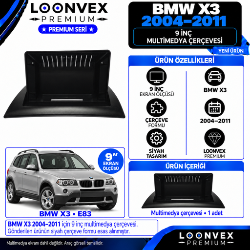 LOONVEX Premium BMW X3/X 3 9''İNÇ 2004/2011 Multimedya Çerçevesi