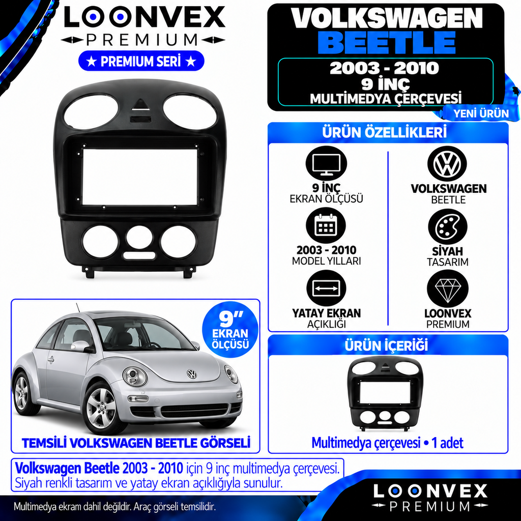 LOONVEX Premium VOLKSWAGEN BEETLE 9 İNÇ 2003-2010 Multimedya Çerçevesi