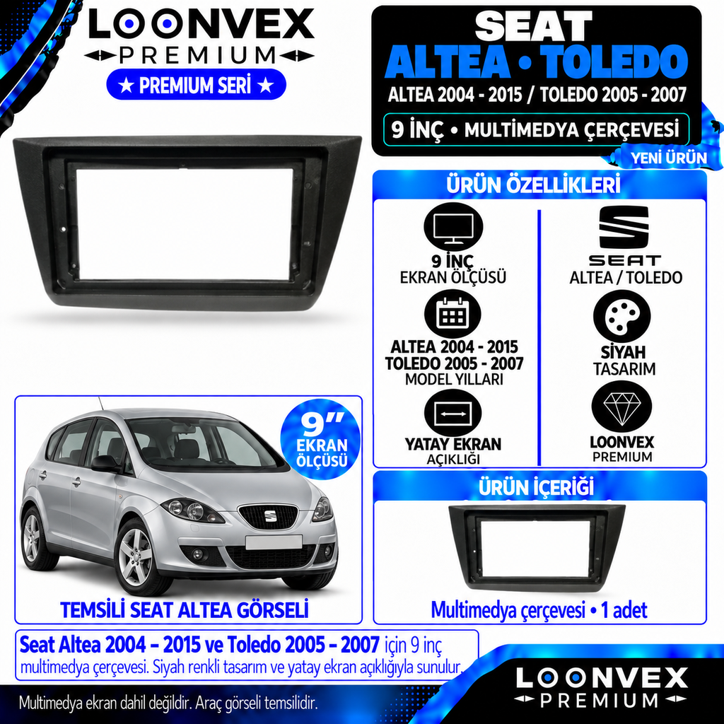 LOONVEX Premium SEAT ALTEA 2004/2015 - TOLEDO 2005/2007 9 İNCH Multimedya Çerçevesi