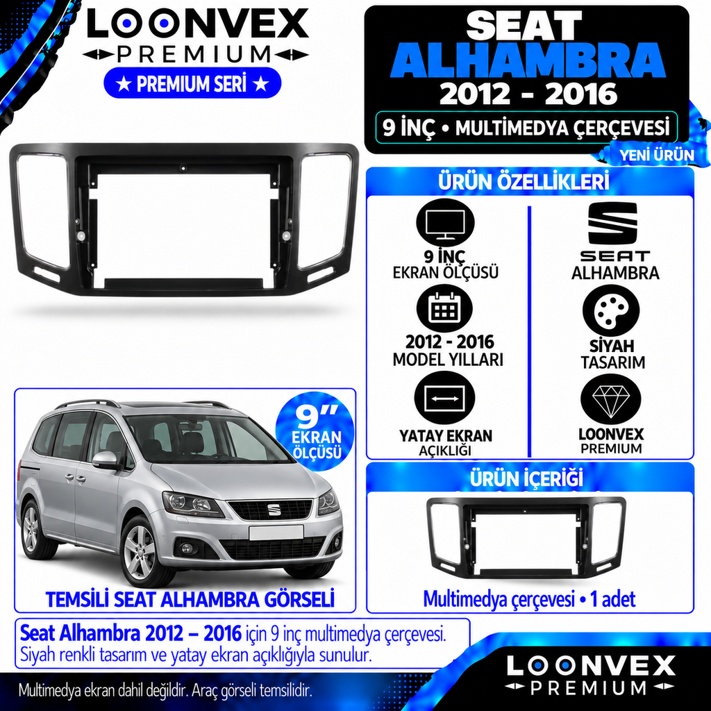 LOONVEX Premium SEAT ALHAMBRA 2012-2016 9 İNCH Multimedya Çerçevesi