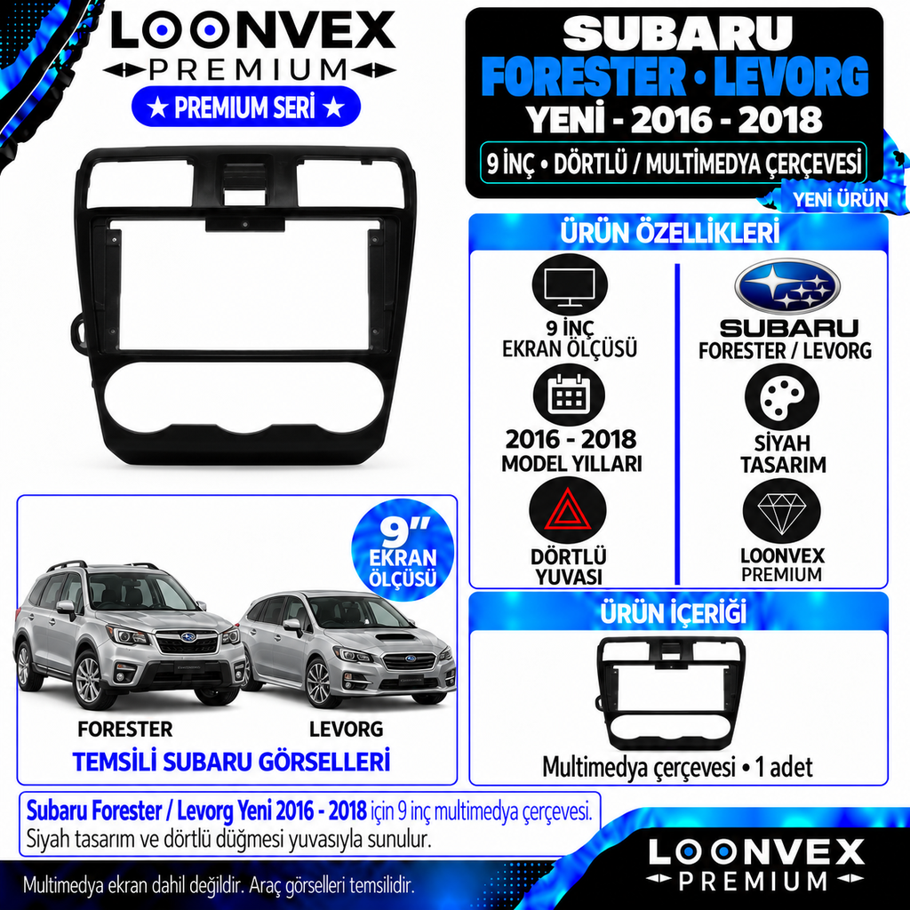 LOONVEX Premium SUBARU FORESTER/LEVORG YENİ 9''2016/2018 DÖRTLÜ Çİ Multimedya Çerçevesi