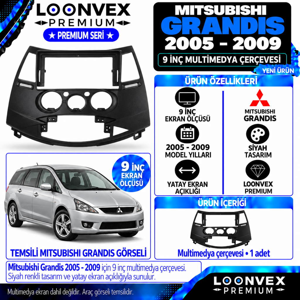 LOONVEX Premium MİTSUBİSHİ GRANDİS 9 İNCH 2005-2009 Multimedya Çerçevesi