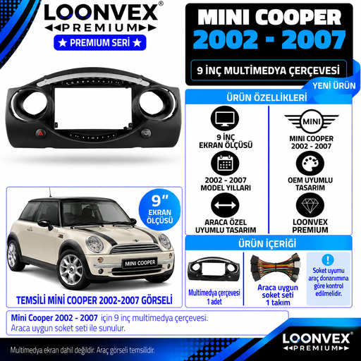 LOONVEX Premium MİNİ COOPER 9 İNCH 2002-2007 Multimedya Çerçevesi
