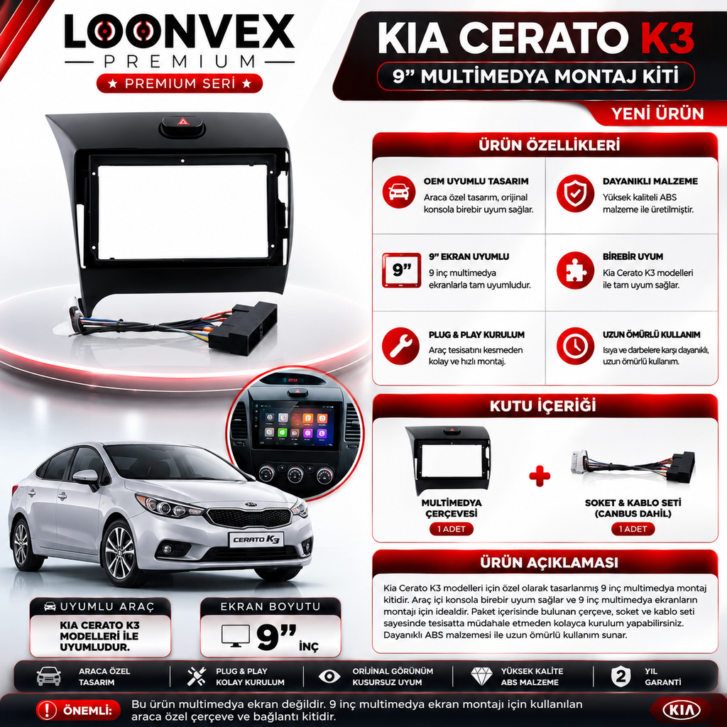 Loonvex Premium Kia Cerato K3 2013-2018 9 İnç Multimedya Çerçevesi