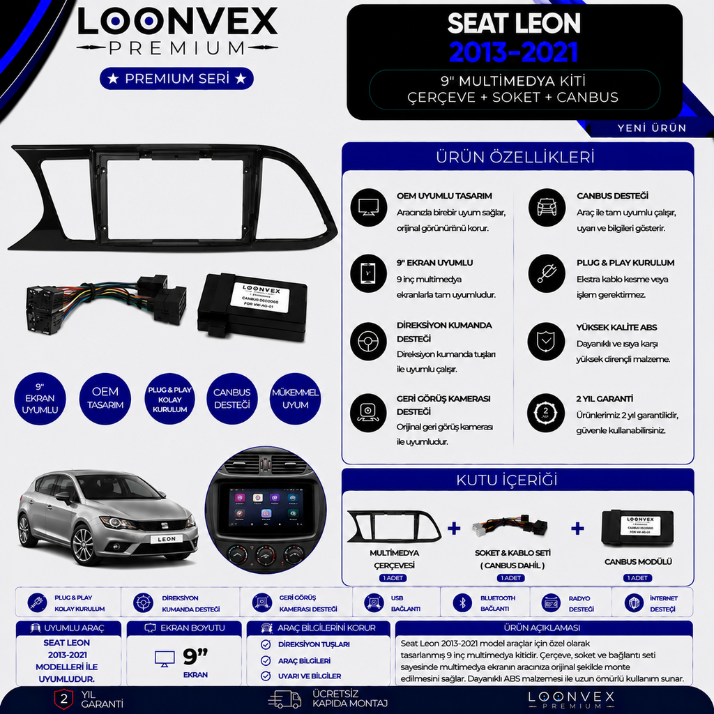LOONVEX Premium SEAT Leon 2013-2021 9 İnç Multimedya Çerçeve + Soket + CANBUS Montaj Kiti