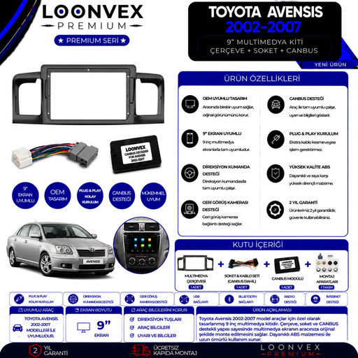 LOONVEX Premium Toyota Avensis 2002-2007 9 İnç Multimedya Çerçeve + Soket + CANBUS Montaj Kiti